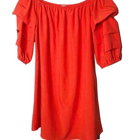 Elodie Red Bell Ruffle Puff Sleeve Elastic Neckline Mini Red Summer Formal Dress - Picture 4 of 16